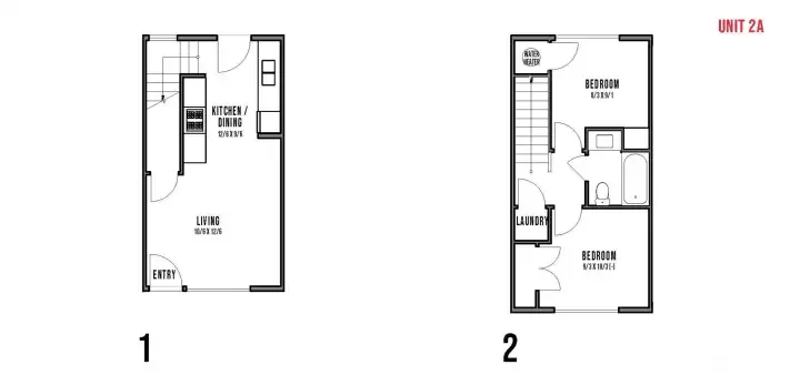 Thoughtful layouts designed for your lifestyle.—open living and kitchen flow downstairs, laundry, and both bedrooms upstairs.