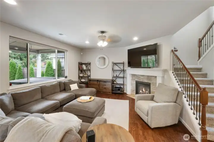 Living room looks out to the green space