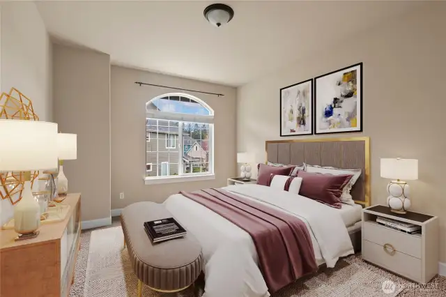 Second bedroom w/arched window & blinds, perfect for guests or another home office. Photo virtually staged.