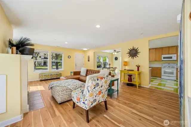 Living room features canned lighting, plus a cozy gas fireplace.