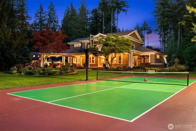 Fun for all day and night w/ lighted Basketball/ Pickleball Court!
