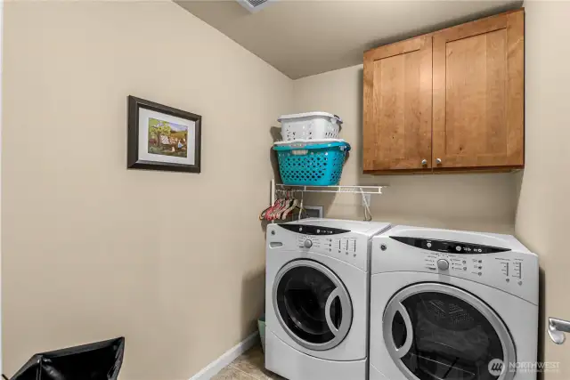 Efficient laundry room with storage cabinetry and built in shelving