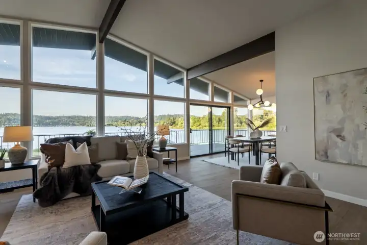 living room and dining room facing the lake
