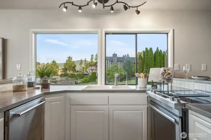 kitchen with view windows towards the cove