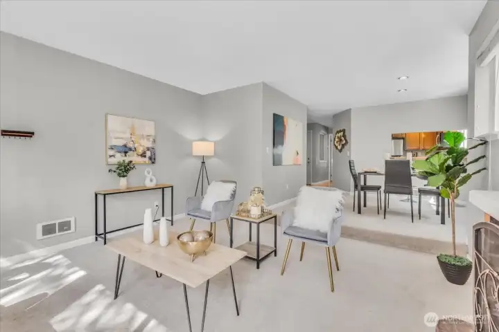 Living room to the kitchen.