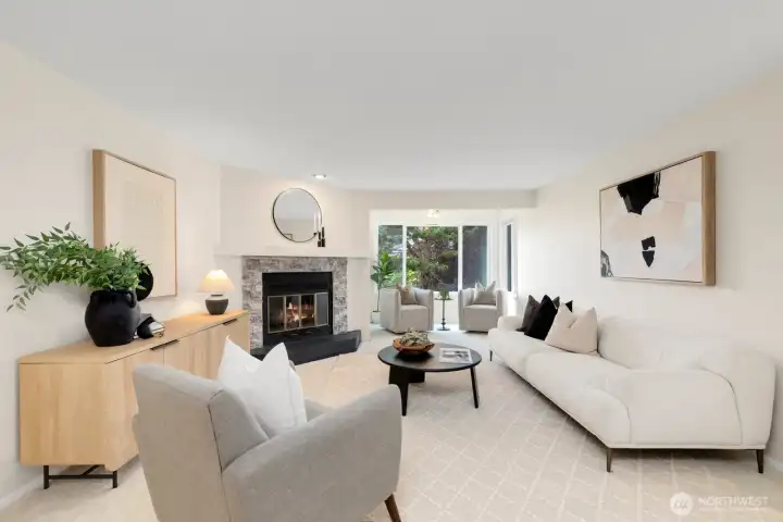 Superbly designed living areas that feature a wood-burning fireplace, a sunny reading nook that looks past the green lawn to a green belt, and plenty of space for guests to mingle about and make memories. Superbly designed living areas that feature a wood-burning fireplace, a sunny reading nook that looks past the green lawn to a green belt, and plenty of space for guests to mingle about and make memories.