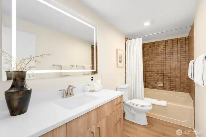 Your guests will revel over the high-class look of your lux main bathroom. Tub is extra-wide, so don't limit yourself. Your guests will revel over the high-class look of your lux main bathroom. Tub is extra-wide, so don't limit yourself.