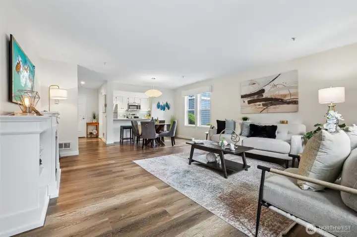 Enter from patio door to refreshed living room. Enter from patio door to refreshed living room.