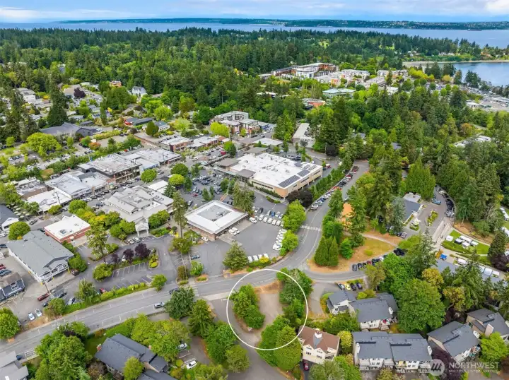 This aerial photo shows the proximity to the Post Office, the banks, Town & Country Market and the Seattle Ferry Parking lot in upper right. This aerial photo shows the proximity to the Post Office, the banks, Town & Country Market and the Seattle Ferry Parking lot in upper right.