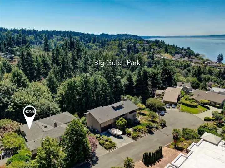 Aerial view highlighting the home's beautiful setting in the sought-after Olympus Terrace neighborhood.