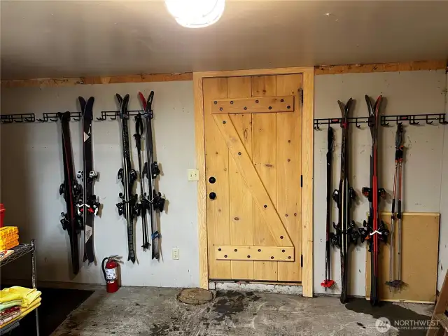 Lower area built for ski tuning and storage