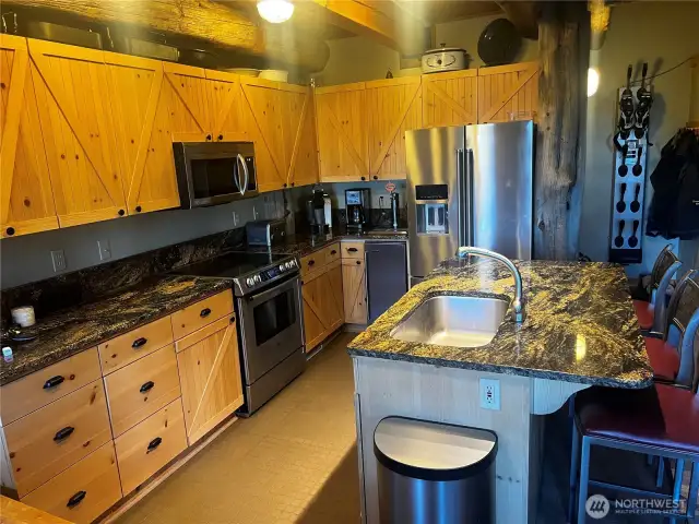 Granite counters, stainless appliances, and kegerator