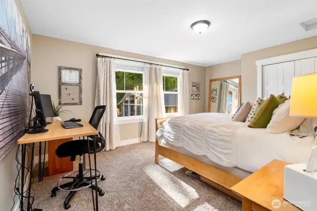 A spacious retreat upstairs with plush carpeting, dual windows, and a deep closet to keep things organized. Bonus: this bedroom is part of the well-regarded North Thurston School District, adding extra appeal for folks with school aged kiddos