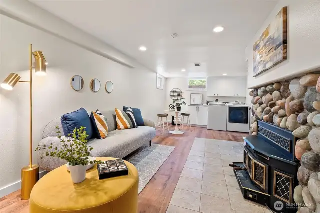 Decorative rock fireplace in the family room