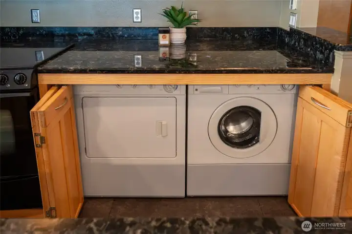 Washer and dryer under counter in kitchen.