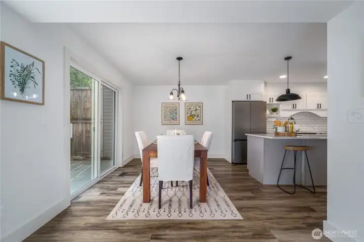 The dining room is ideal for both intimate dinners and larger gatherings.