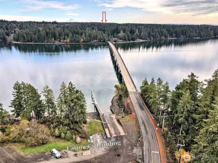 From the mainland looking over the Harstine Island bridge and Latimer's Landing beautiful public boat launch.