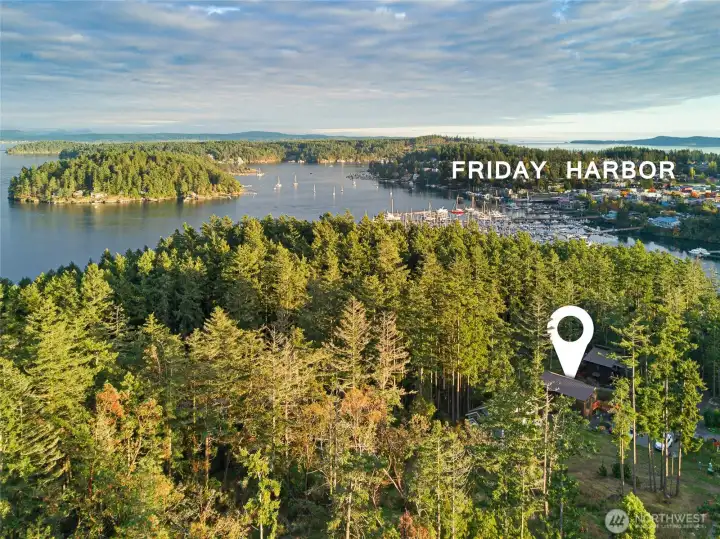 Panoramic aerial view illustrating the condo’s ideal location near Friday Harbor, with easy access to the marina, shops, restaurants, and ferry while still enjoying peaceful forest surroundings.