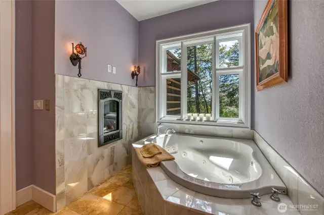 Soaking tub with fireplace