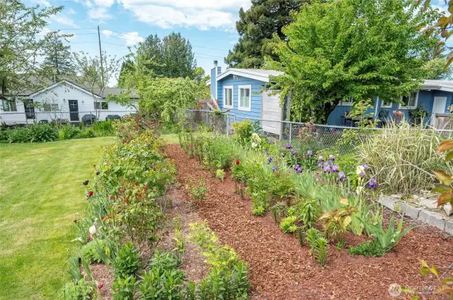 The vibrant cutting garden features roses, peonies, irises, lilies, tulips, and more—offering continuous blooms from March through November.