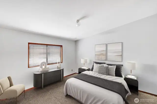 Primary suite has large closet for all his and her clothes, shoes et. Space for King size bed and additional furniture.