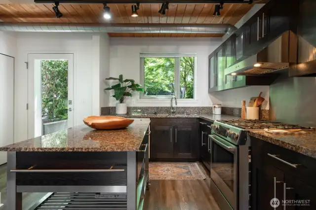 Kitchen looks out to the courtyard with windows, and includes a door for easy outdoor access.