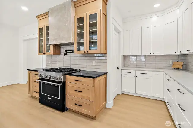 KitchenAid duel fuel commercial style range and pot filler. Walk in party. Venetian plaster range hood.