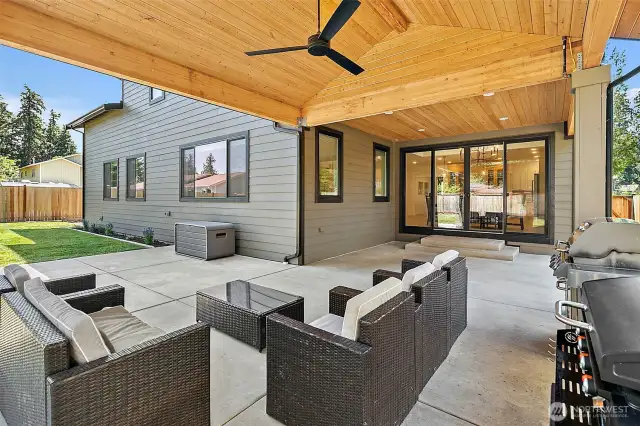 Covered patio with tong and groove ceiling. Gas plumbed for BBQ.