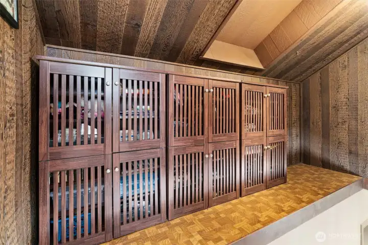 Extra storage in side of interior stairwell, unique and stylish too!