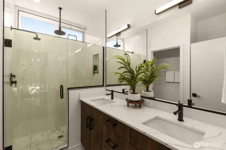 Primary Bathroom with dual sink vanity and HUGE shower!