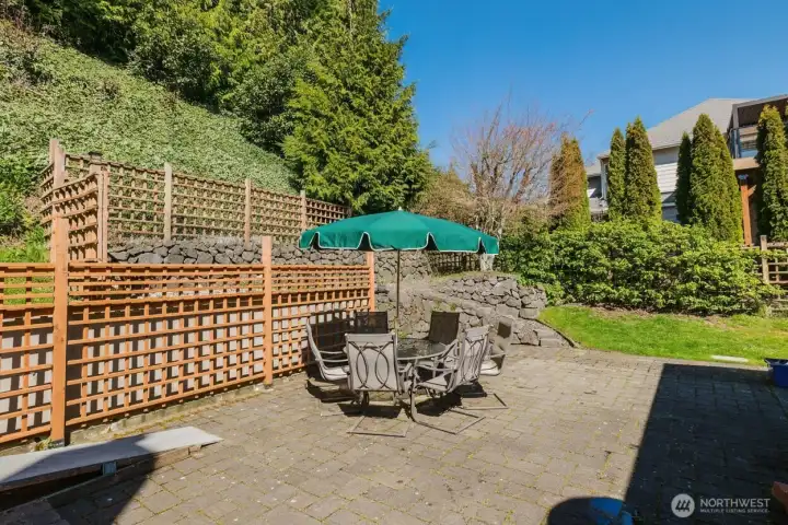 Backyard patio area.  Property borders water district property to the west.