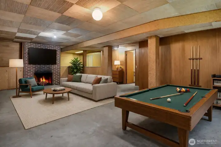 Huge rec room on the lower floor with brick wood burning fireplace. A great spot to hang out! Virtually staged.