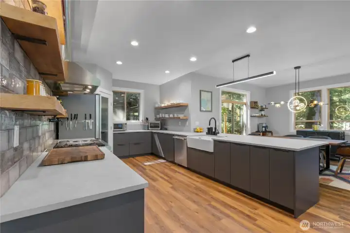 Open shelving allows for creative styling while the undercounter cabinets offer plenty of hidden storage space.