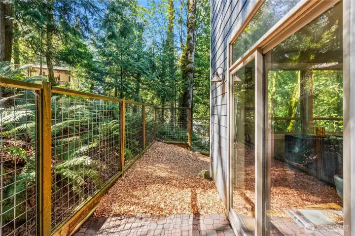 The patio leads to a fully-fenced dog run.