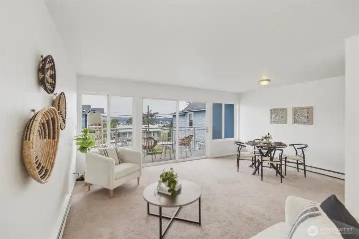 Spacious living area accommodates a variety of furniture arrangements. Spacious living area accommodates a variety of furniture arrangements.