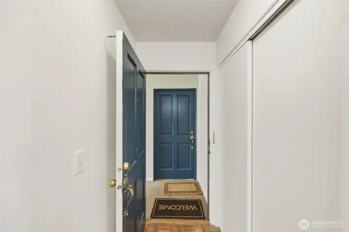 Large closet to the right has plenty of room to hang coats plus additional storage space Large closet to the right has plenty of room to hang coats plus additional storage space