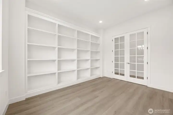 Study/den with French doors and built-ins