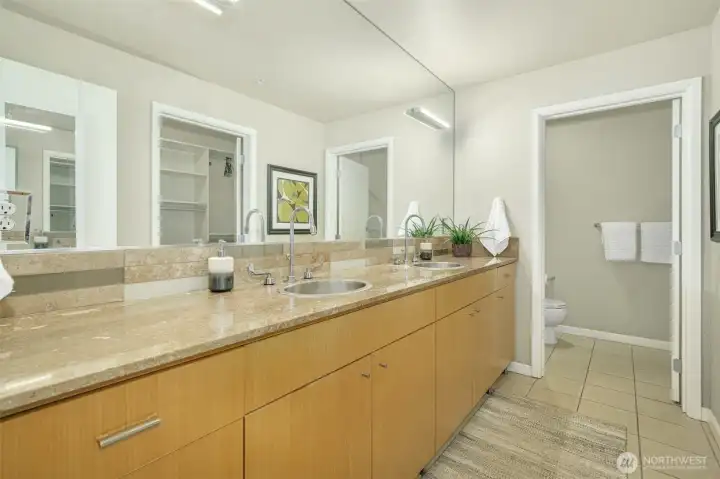 Huge double sink vanity and separate shower / toilet room