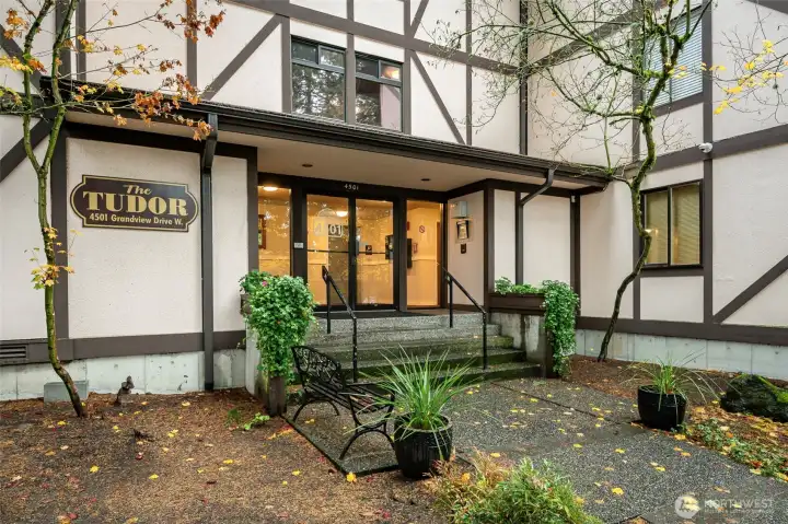 Entrance to main lobby and mailboxes.