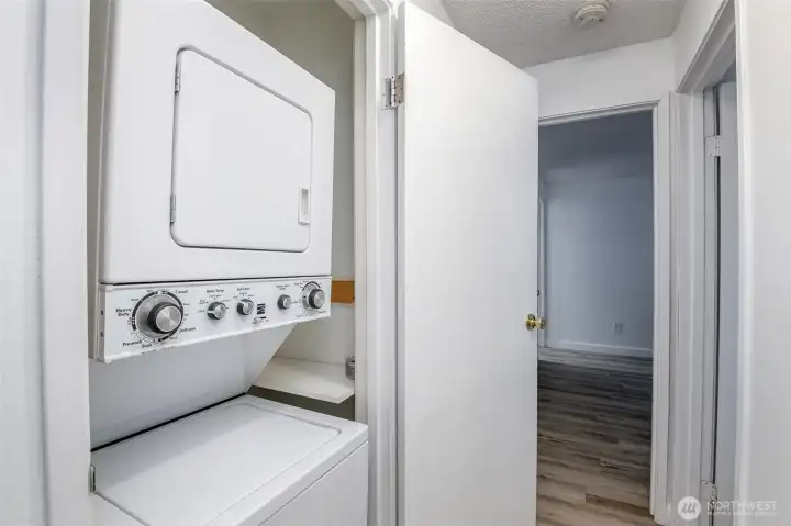 In-unit washer and dryer in closet.