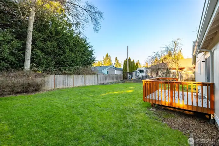 Backyard has privacy fence on two sides and a nice deck for morning coffee.