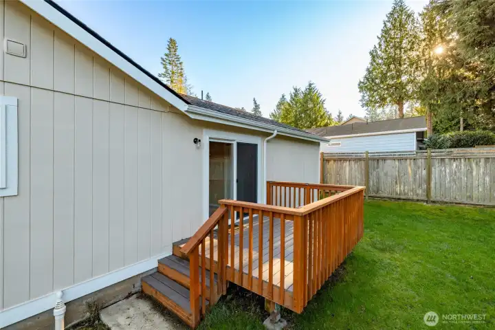 Deck off master bedroom has low-maintenance composite decking.