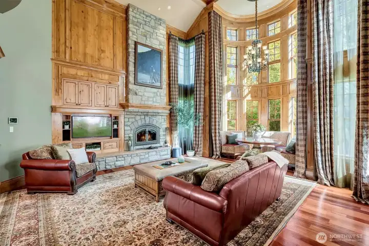 Note the wall of windows.  The chandelier is motorized for cleaning and bulb replacement