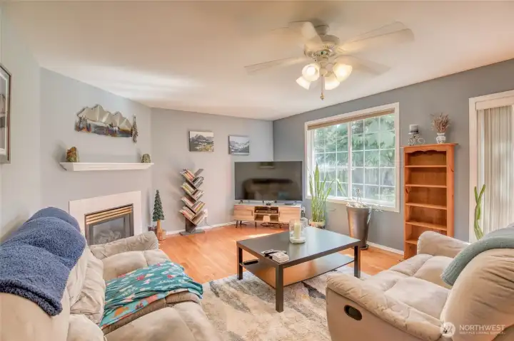 Living  room space with view of beautiful backyard
