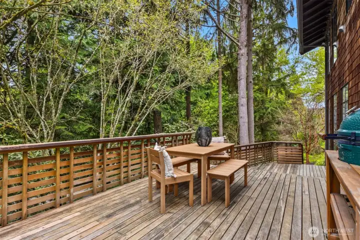 Savor al fresco dining and effortless entertaining on warm summer days from this expansive deck, perfectly positioned to overlook the lush, mature grounds.