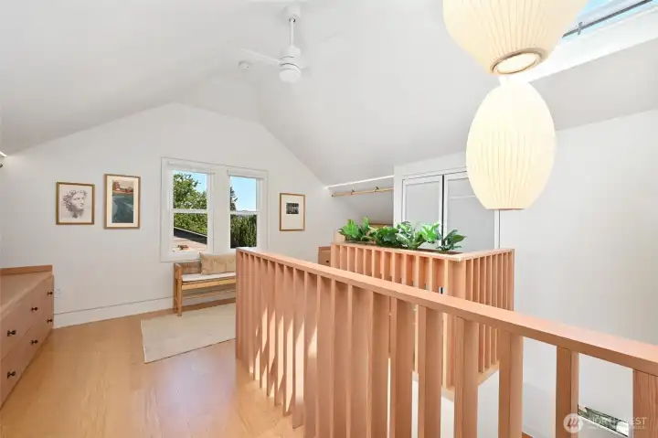Vaulted ceiling fan, custom lighting fixture, and beautiful custom woodwork upstairs. Vaulted ceiling fan, custom lighting fixture, and beautiful custom woodwork upstairs.