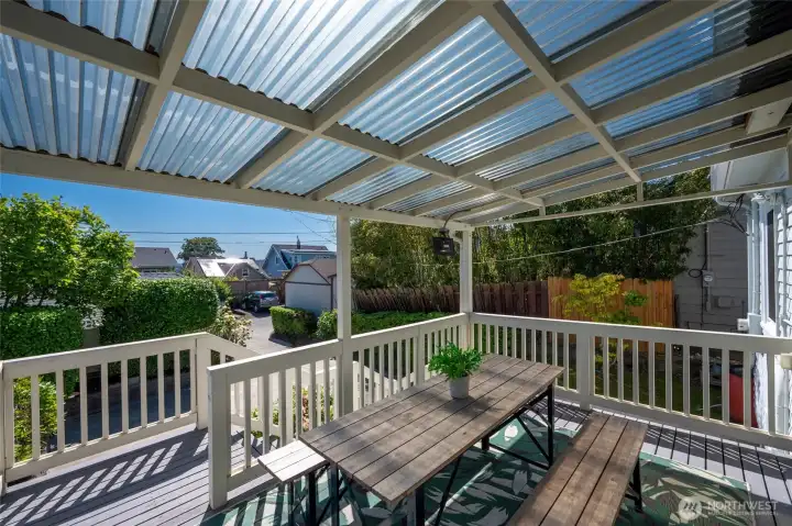 Backyard outlook from covered deck picnic table. Backyard outlook from covered deck picnic table.