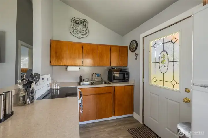 Kitchen area with ample storage.