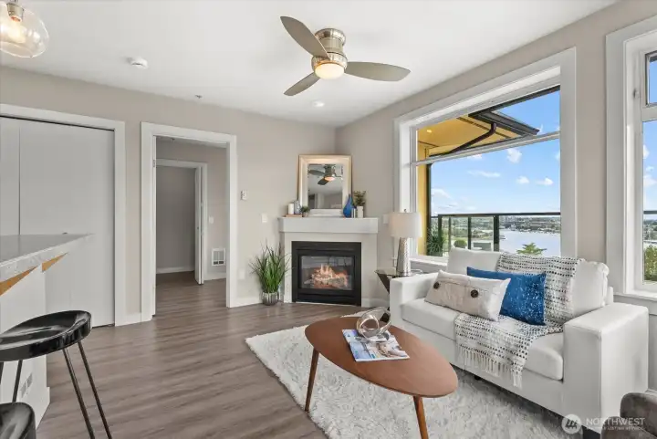 Hard surface floors throughout.  Cozy corner gas fireplace