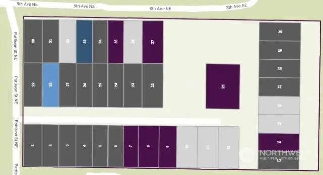 Purple= sold, light gray= available, light blue= model home & sales office, dark gray=not yet released nor started